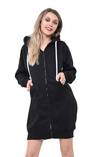 Image of GW CLASSY OUTFIT Women Ladies Long Hoodies Plain Zip Up Ladies Long Sleeves Fleece Longline Hoodie Casual Jacket Hooded Coat with Pockets (M-L 12-14, Black Long)