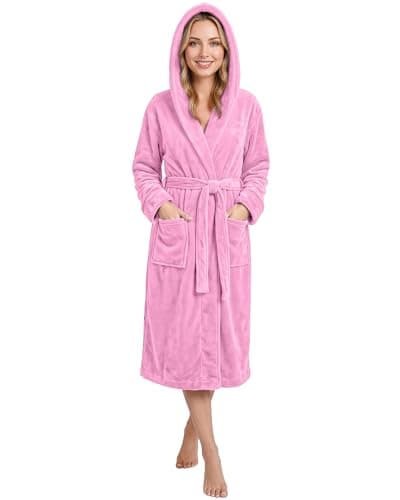 Image of NY Threads Luxury Ladies Hooded Dressing Gown Super Soft Fleece Women's Robe Comfortable Loungewear and Nightwear, Pink, X-Large