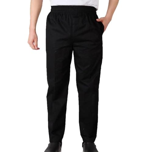 Image of Men's Chef Trousers Elasticated Waist Kitchen Work Trousers Striped Hospitality Uniform Pants for Restaurant Hotel Catering Staff Black