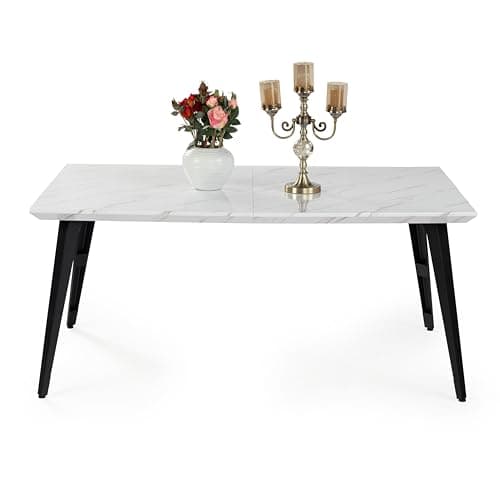 Image of FurnitureR 150 cm Rectangular White Marble Effect top and Black Legs, 4-6 seat Table for Dining, Living Room, Kitchen, Cafe, 150x80x74cm
