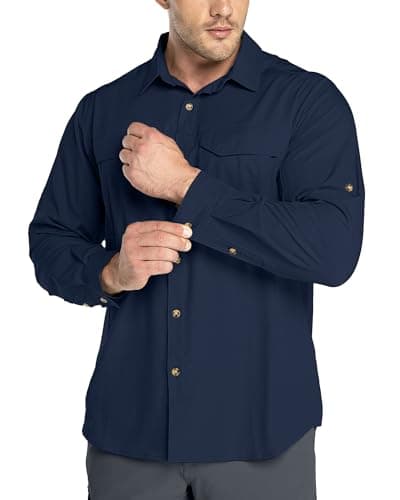 Image of Outdoor Ventures Men's Shirts Safari Shirt Roll-Up Sleeve UV Shirts Quick Dry Lightweight Hiking Shirt with Pockets for Walking Fishing Travelling Navy Blue XL