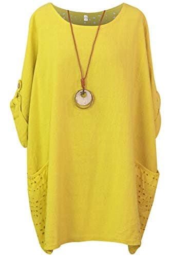 Image of Storm Island Ladies Plain Cotton Top Womens Lagenlook Tunic Baggy Dress Shirt Lace Pockets SI099 (Mustard, One Size UK Fit 14-22)