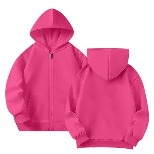 Image of Yufennie Kids Fleece Classic Full Zip Up Hooded Zipper Top for Boys & Girls 13-14 Years Fuchsia