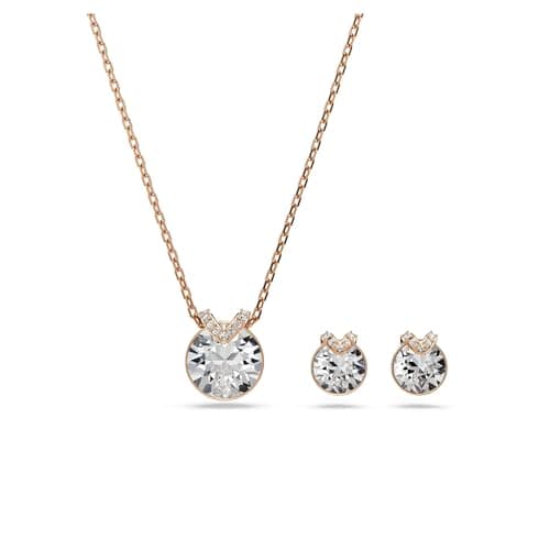 Image of Swarovski Bella Jewellery Set, V Pendant Necklace & Stud Earrings with Clear Round-Cut Crystals in a Rose Gold-Tone Finished Setting, Part of the Bella Collection