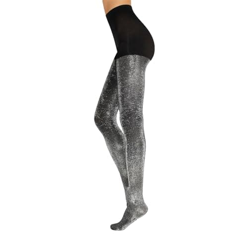 Image of CALZITALY Opaque Shiny Lurex Tights, Gold, Silver, S-M, L-XL, XXL, 3XL, 4XL Glitter Pantyhose, Polka Dots Tights, 20/60 DEN, Made in Italy(L/XL, BLACK/SILVER)
