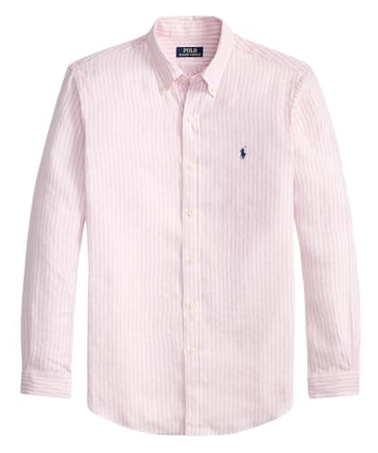 Image of POLO RALPH LAUREN Custom Fit Striped Linen Shirt (UK, Alpha, L, Regular, Regular, Pink Stripe)