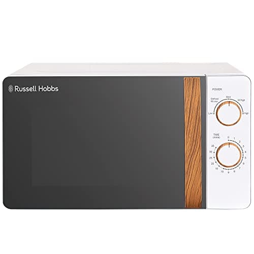 Image of Russell Hobbs RHMM713 17 L 700 W Scandi Compact White Manual Microwave with 5 Power Levels, Wood Effect Handle & Dials, Timer, Defrost Setting, Easy Clean