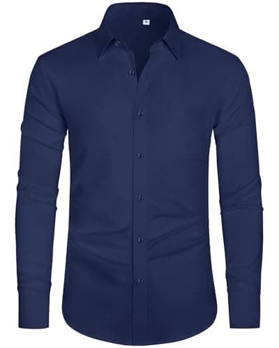 Image of J.VER Mens Shirts Long Sleeve Fashion Navy Blue 4-Way Stretch Formal Dress Smart Casual Business Work Button Down Shirt for Men Adult XL
