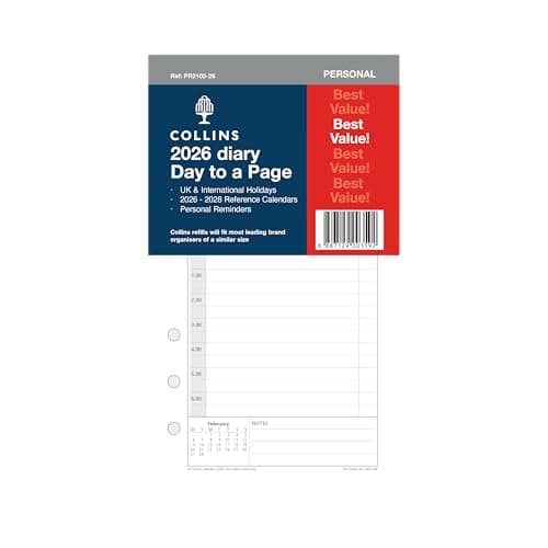 Image of Collins - DayPlanner Refills - 2026 12 Month Calendar Year Planner, Day-To-Page with Appointments Personal Diary Refill (PR2100-26)