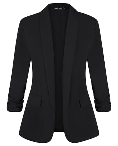 Image of Kyzoeyou Women's Blazer Suit Open Front Jacket Ruched 3/4 Sleeve Work Office Blazers Shawl Collar Lined Casual Coats with Pockets(Black Medium)
