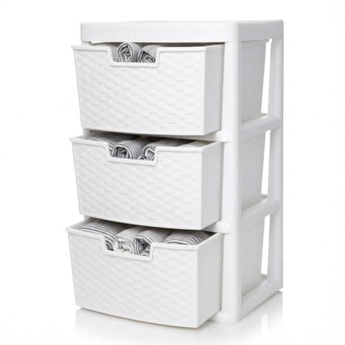 Image of SIDSONS - Large Plastic Rattan Drawer Storage Unit for Home Bedroom Bathroom Kitchen Organiser Stackable Drawers Durable Storage Solution Space Saver and Easy Access Storage - (Rattan White, 3 Tier)