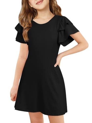 Image of Haloumoning Girls' Dress Ruffle Sleeves Round Neck Summer Dress A-line Plain Casual Elegant Party Dress Birthday Wedding Festive Dresses Black 7-8years