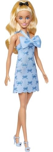 Image of Barbie Fashionistas Doll #237 with Wavy Blonde Ponytail Wearing Blue Bow Halter Dress, Black Hair Bow Accessory and Matching Blue Heels, HYT93