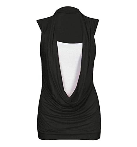 Image of Womens Ladies Ruched 2 in 1 Cowl Neck Plain Jersey Sleeveless Gathered Drape Contrast Lining Panel Vest T Shirt Top Summer Plus Size 8-22 (Black, UK 12-14)