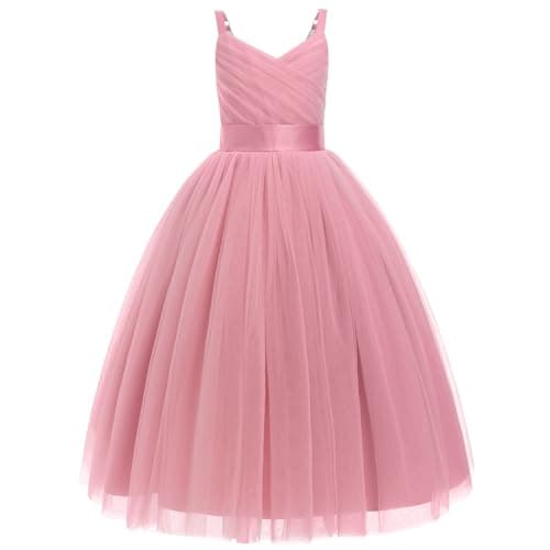 Image of IBTOM CASTLE Flower Girls Tutu Dress Spaghetti Straps Party Dress Wedding Pageant Bridesmaid V-Nevk Dress Girl Pirncess Prom Birthday Dance First Communion Ball Gown Straps-Pink 14-15 Years