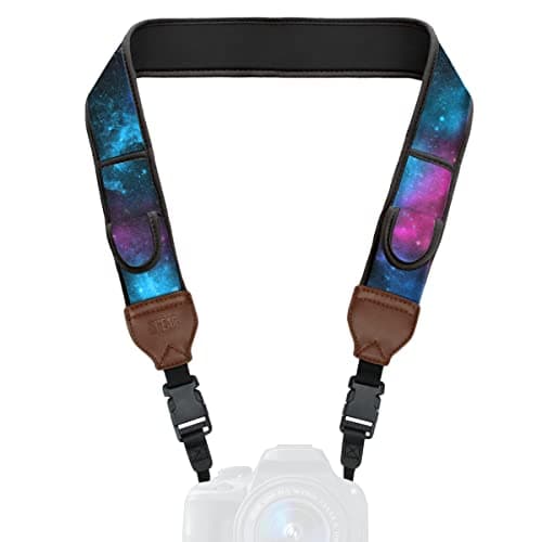 Image of USA Gear Digital Camera Neck Strap with Neoprene Design, Accessory Pockets and Quick Release Buckles - Compatible with Canon, Fujifilm, Nikon, Sony and More DSLR, Mirrorless, Instant Cameras - Galaxy