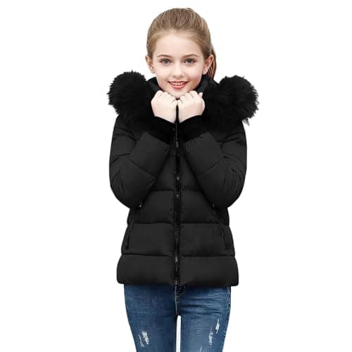 Image of Girls Winter Puffer Jacket Faux Fu𝗿 Hooded Warm Heavyweight Quilted Jackets Kids Windproof Thick Zip up Parka Coats Casual School Coat Outerwear Snowsuit with Pocket (Black, 13-14 Years)