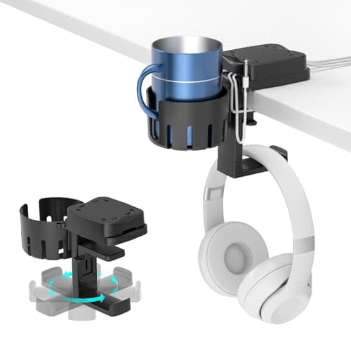 Image of KDD 3 in 1 Headphone Hanger with Cup Holder - Rotatable Headset Hook & Desk Cord Organizer - for Coffee Mups, Water Cups, Headphone, Charging Cables, Home & Office
