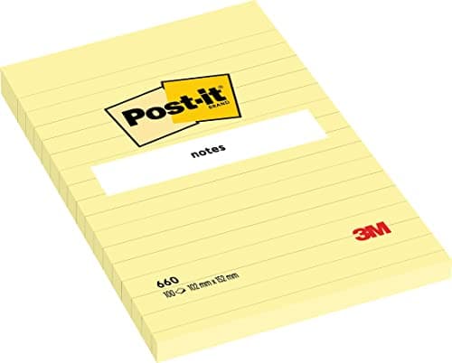 Image of Post-it Large Notes, Canary Yellow, Lined, 6 Pads, 101 mm x 152 mm, 100 Sheets per Pad - Extra Sticky Notes for Walls, Monitors and Fridge