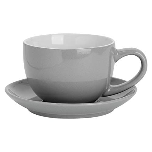 Image of Argon Tableware Grey Cappuccino Cup with Saucer - 250ml Dishwasher Safe Gloss Stoneware Cappuccino Cups and Saucer Set Coffee Mugs with Handle and Grooved Plate