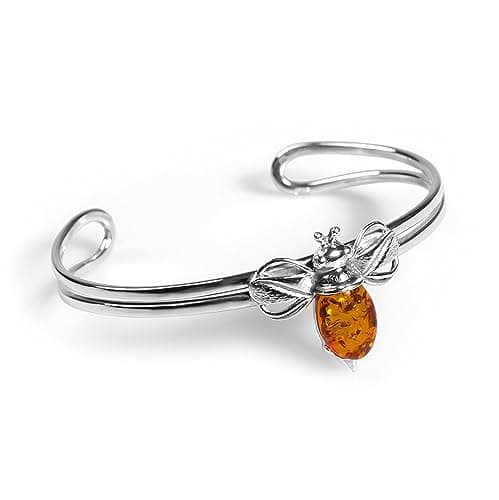 Image of Sterling Silver Bangle Jewelry, Baltic Amber Bracelet Bangle, Perfect Bracelet Queen Honey Bee, Bumblebee accessories, Fashionable bumble bee bangle, Womens gift, Trendy bangle