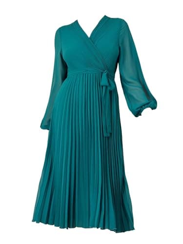 Image of Yumi Teal Pleated Wrap Midi Dress with Sheer Long Sleeves (UK, Numeric, 14, Regular, Regular, Teal)