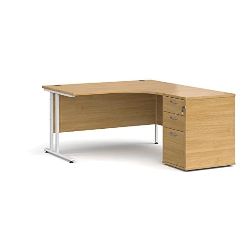 Image of Mr Office Maestro 25 right hand ergonomic desk with white cantilever frame and desk high pedestal bundle, Oak, 1400