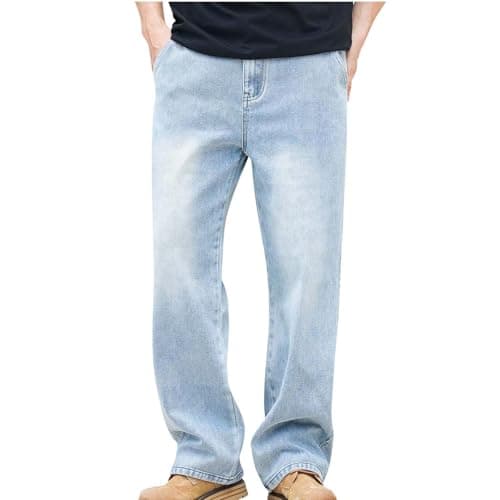 Image of RLEHJN Baggy Jeans Men Wide Leg, Mens Trousers Skater Jeans Solid Color Loose Fit Outdoors Denim Pants Casual Vintage Straight Leg Trousers with Pockets Streetwear Light Blue Waist Size 30-46