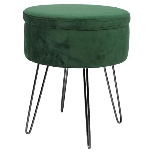 Image of Harbour Housewares Velvet Round Foot Stool with Storage - Green with Black Legs - Modern Dressing Table Pouffe Footstool Vanity Seats Vanity Chairs Footstools for Living Room, Bedroom
