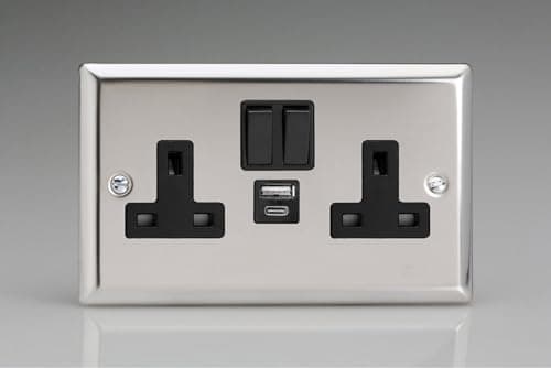 Image of Varilight Classic Mirror Chrome 2-Gang 13A Single Pole Switched Socket with 1x USB A & 1x USB C Charging Ports with Black Inserts