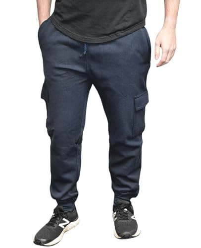 Image of True Face Mens Trouser Fleece Sweatpants Cargo Combat Joggers Multi Pockets Elasticated Ribbed Sports Running Fitness Gym Jogging Bottoms Navy Ribbed M