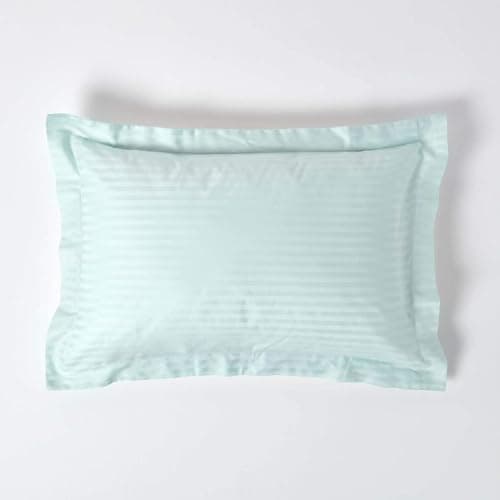 Image of HOMESCAPES Blue Pure Egyptian Cotton Oxford Pillowcase Standard Size 330 TC 500 Thread Count Percale Equivalent Satin Stripe Pillow Case Pack of 2