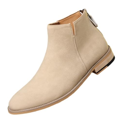 Image of udosy UK Men's Chelsea Ankle Booties,Faux Suede Low Block Heel Elastic Buckle Strap Round Toe Ankle Short Boots Chelsea Booties with Side Zip Fall Shoes Footwear (beige,10.5)