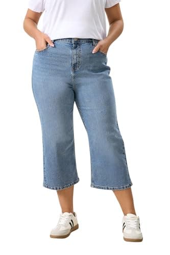 Image of Yours Curve Cropped Wide Leg Jeans - Women's - Plus Size Curve Mid Blue
