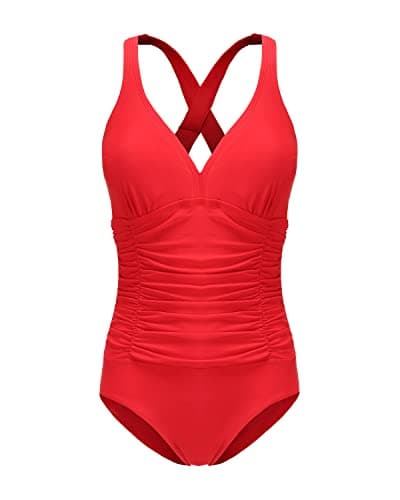 Image of FLYRONG Swimming Costume for Women V Neck One Piece Tummy Control Swimsuits for Women Swimwear (Plain- red, XX-Large)