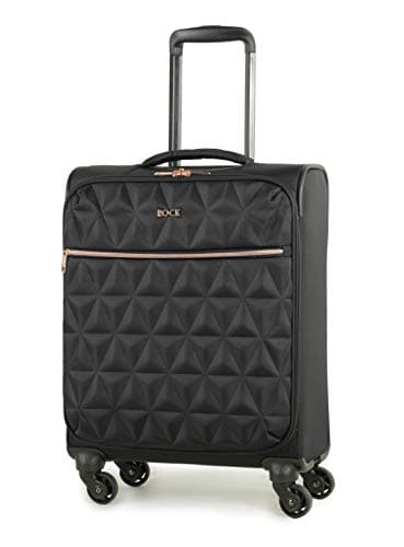Image of Rock Jewel Small Soft Shell Cabin Suitcase in Black - Your Travel Hidden Gem, 4 Wheels, Telescopic Handle, Corner Piping Protectors, Underside Protection Strip & Lockable Zips - 55 x 40 x 20cm 2.5KG