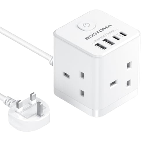 Image of Cube Extension Lead with USB C Slots, 3 Way Power Extension with 4 USB (5V/3.1A 15.5W), Small Tower Extension Lead for Home, Office, Dorm Room, 2M, 13A/3250W