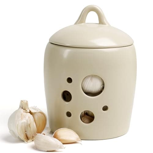 Image of BosilunLife Garlic Keeper for Counter - Ceramic Garlic Storage Container with Lid Beige Garlic Holder Countertop for Kitchen Garlic Jar to Keep Your Garlic Cloves Fresh Longer