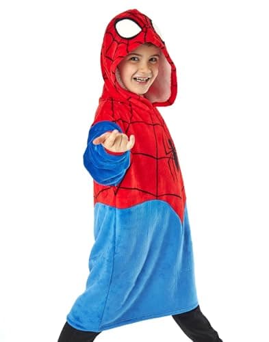 Image of Marvel Spiderman Boys Wearable Blanket Hoodie | Kids Oversized Red & Blue Hooded Fleece Loungewear | Superhero Spider-Man Suit Costume Sleepwear | Comic Book Hero Movie Merchandise Gift for Children