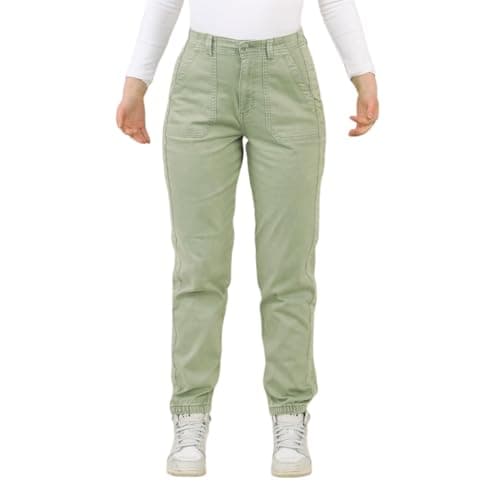 Image of EX M&S Womens Cotton Blend Slim Fit Ankle Grazer Marks and Spencer Self Cuffed Elasticated Wasit Chino Trousers Pants Waist Size Olive Green 12 Short