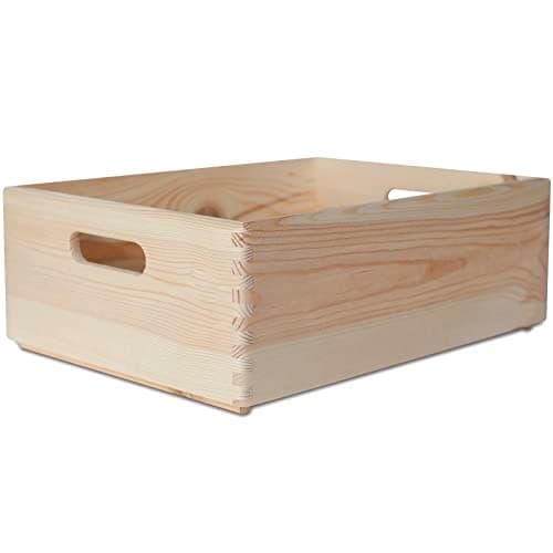 Image of Creative Deco XL Wooden Crate with Handles | 40 x 30 x 14 cm (+/- 1 cm) | Plain Unpainted Easter Storage Box | Natural Wood | Gift Box Wooden Crates for Kitchen Home Storage Documents