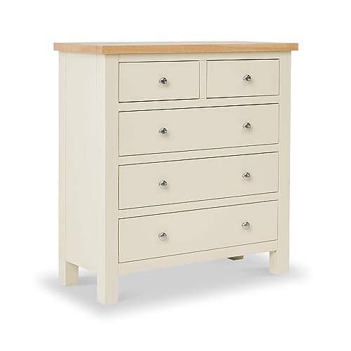 Image of RoselandFurniture Farro Cream Chest Of Drawers for Bedroom Tall 2 Over 3 Country Farmhouse Solid Wood Painted Storage Chest with Oak Top | Fully Assembled