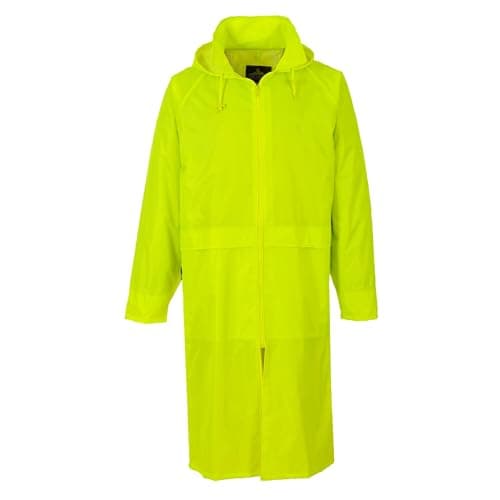 Image of Portwest S438 Classic Rain Jacket Mens Waterproof Long Raincoat Lightweight Hooded Vented Workwear 2 Pockets Wet Weather Coat, Yellow, XXXL