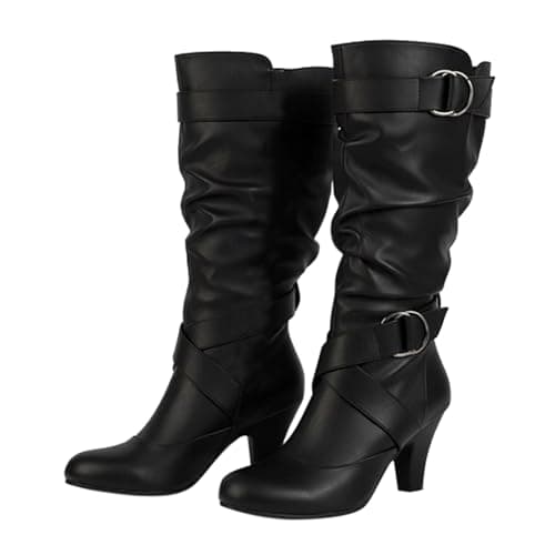Image of Momolaa Womens Mid Calf Boots Cone Heel Slouchy Boot Mid Calf Long Boots Winter Shoes Slouchy Faux Sude Leather Under Knee High Side Zipper Gifts size 6 Pu Black/without zip