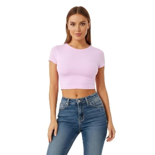 Image of LUXFAB Women Short Sleeve Crop Top Round Neck Plain or Printed Stretchy Summer Cropped T-Shirt Size 8-14 Black Soft Fit Casual Wear Everyday Style Top (UK, Alpha, S, M, Regular, Regular, Baby Pink)
