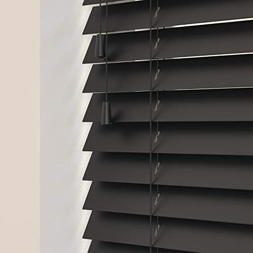 Image of Custom Made To Measure Real Wooden Venetian Blinds with strings (50mm Slats) (Ink Black, 40cm - 60cm (Width) x Up To 120cm (Drop))