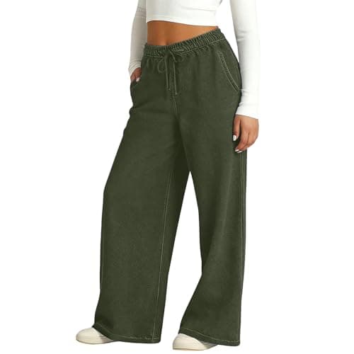 Image of Girls Joggers Oversized Wide Leg Denim Look Sweatpants, Kids High Waist Joggers Drawstring Baggy School Trousers Tracksuit Bottoms Stretch Athletic Wear Army Green 15-16 Years