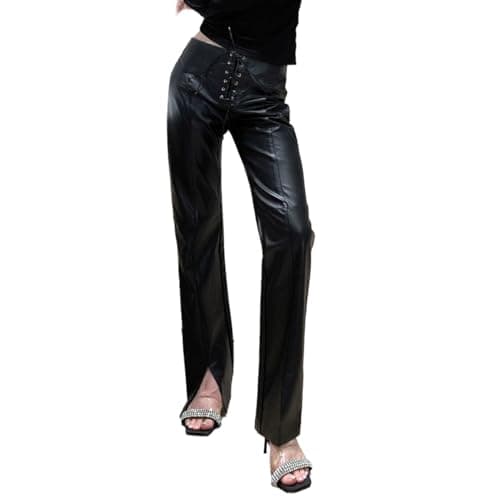 Image of EMOTTOS Women Faux Leather Pants, Middle Waist Straight Leg Trousers with Adjustable Straps, PU Leather Look Slim Fit Jean with Split Bottom Streetwear for Nightclub Party, Black, L