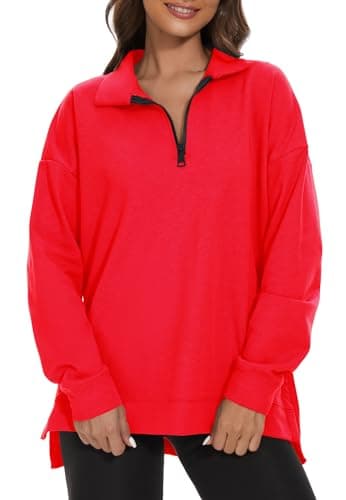 Image of APEIYU Women's Long Sleeve Tops Loose Casual Sweatshirts for Ladies Tops Side Split Knit Pullover Quarter Zip Red L