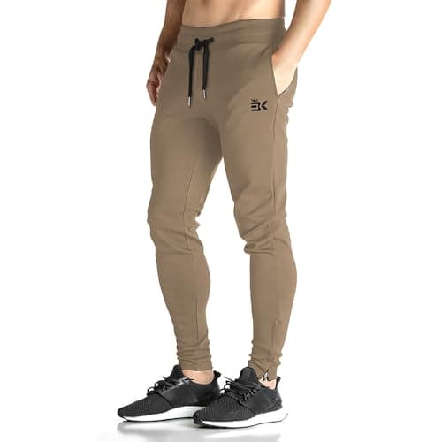 Image of BROKIG Mens Zip Gym Joggers, Slim Fit Running Tracksuit Bottoms Casual Jogging Trousers Activewear Sweat Pants (Medium, Beige)